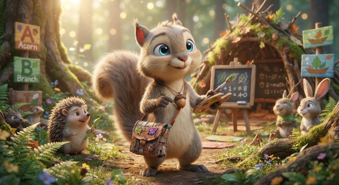 Arlo, a fawn squirrel with an acorn necklace and paint palette, at the forest school