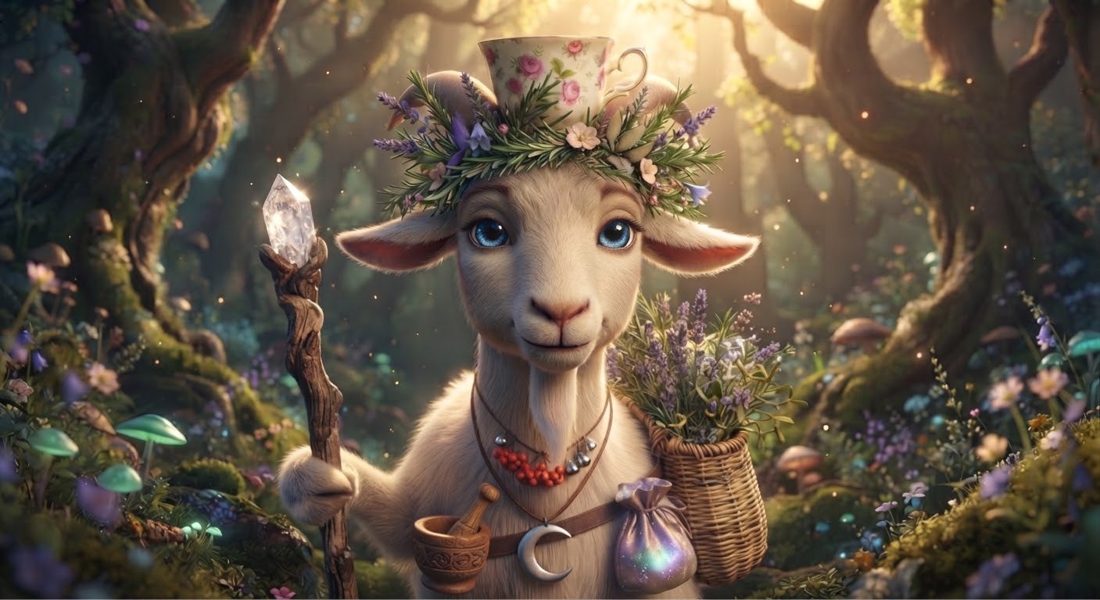 Granny Gladys Sage, a cream goat with a herb crown and a rose teacup on her head, holding a crystal staff