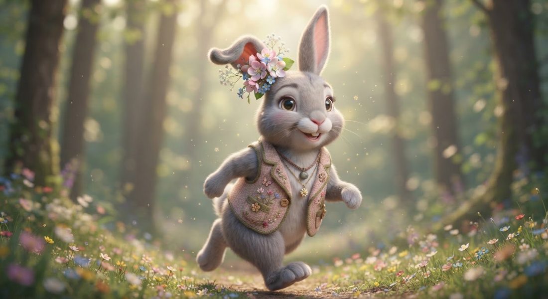 Immy, a dove-grey bunny with one floppy ear, flowers and a pink waistcoat, hopping through a meadow