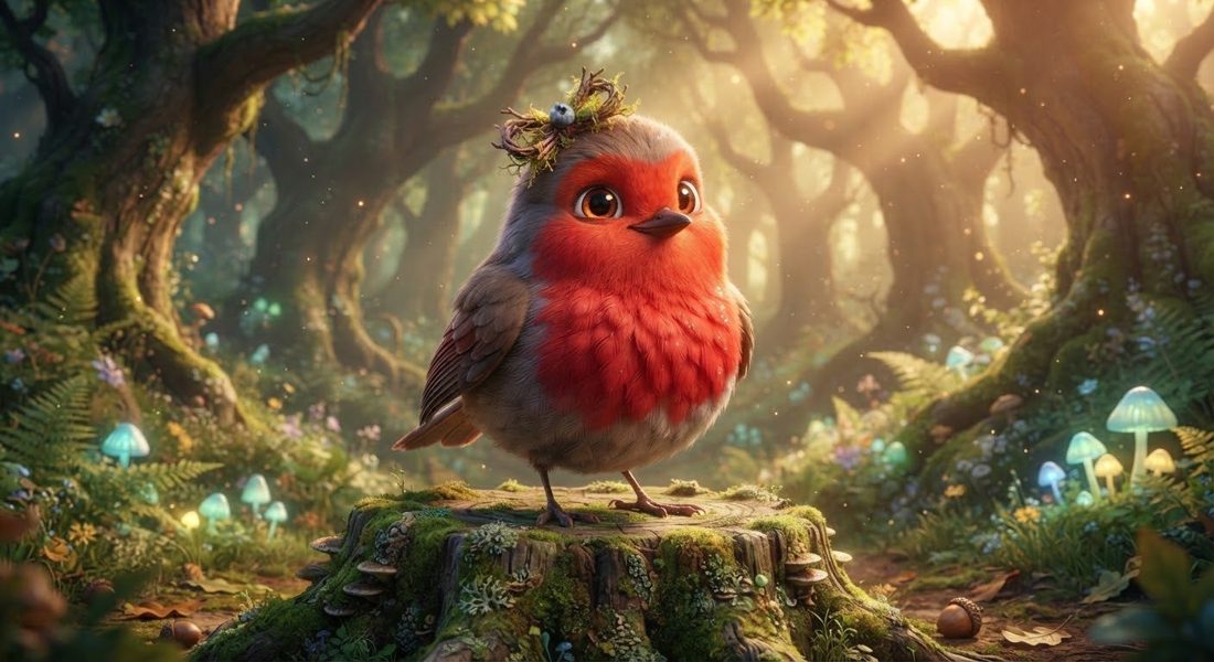 Lola, a round robin with a twig-nest hat, perched on a mossy stump