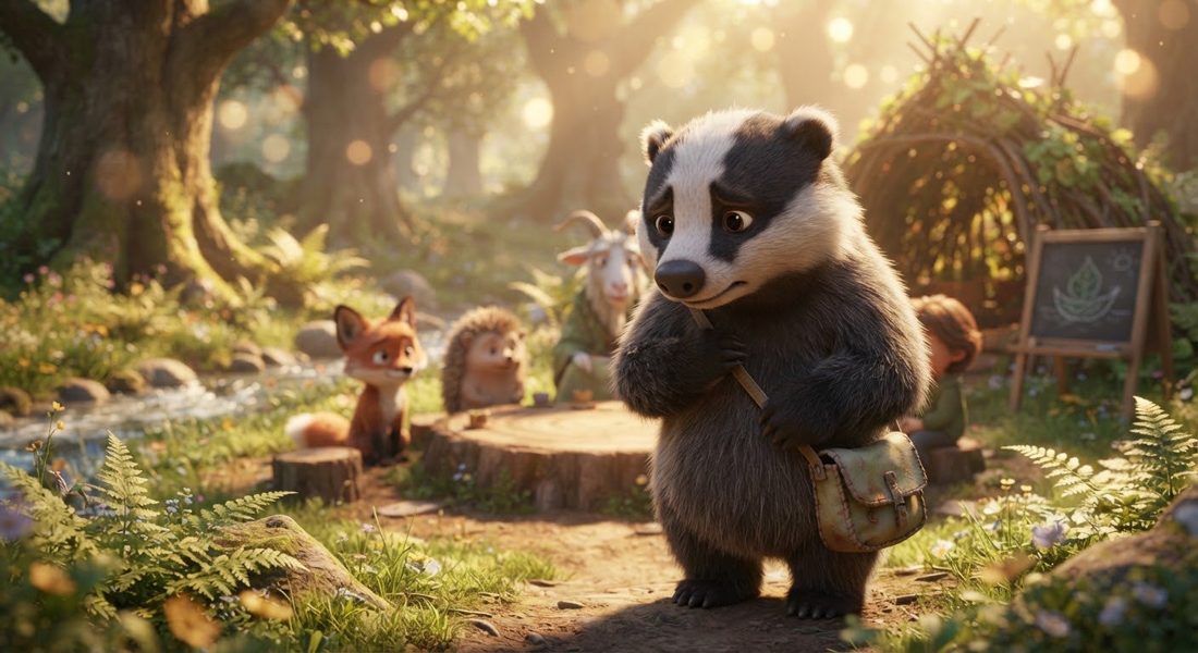 Monty, a young badger holding his satchel strap, with the forest school friends behind him