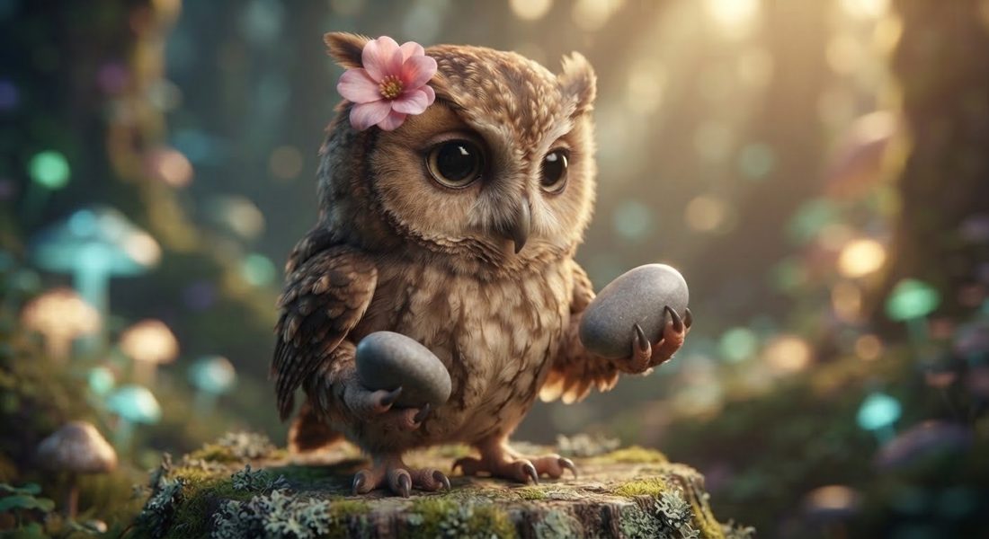 Pebble, a small brown owl with a pink flower, holding two smooth stones