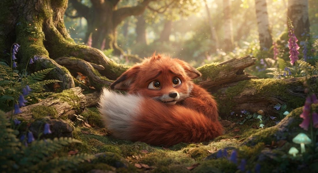 Theo, a fluffy orange fox cub curled up shyly on the moss